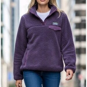 LL Bean Jacket Womens High Pile Plush Fleece Snap Pullover Pockets Purple Sz XS